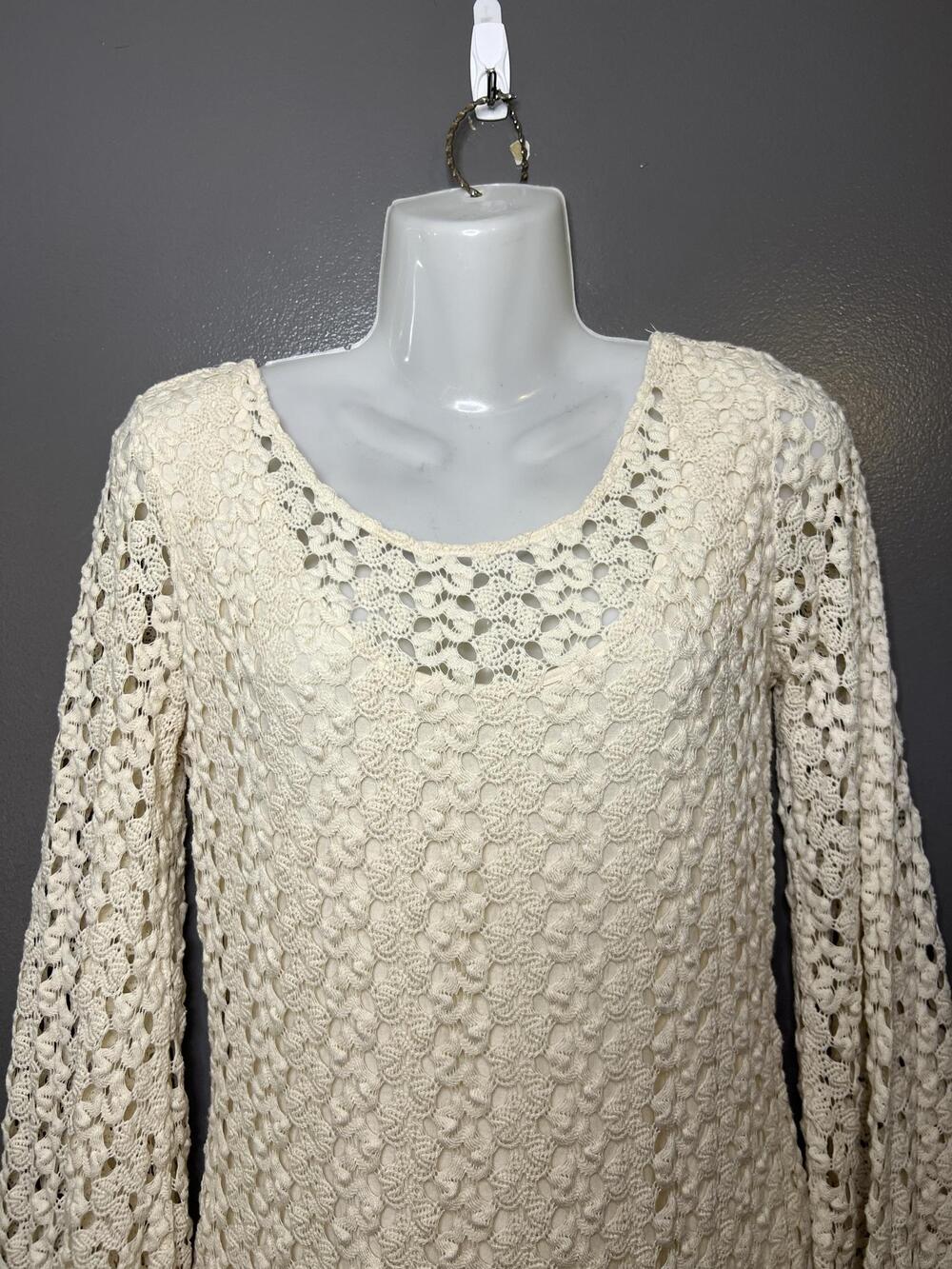 Free People Sweater Dress Womens Medium White Crochet Bell Sleeve Boho Mini